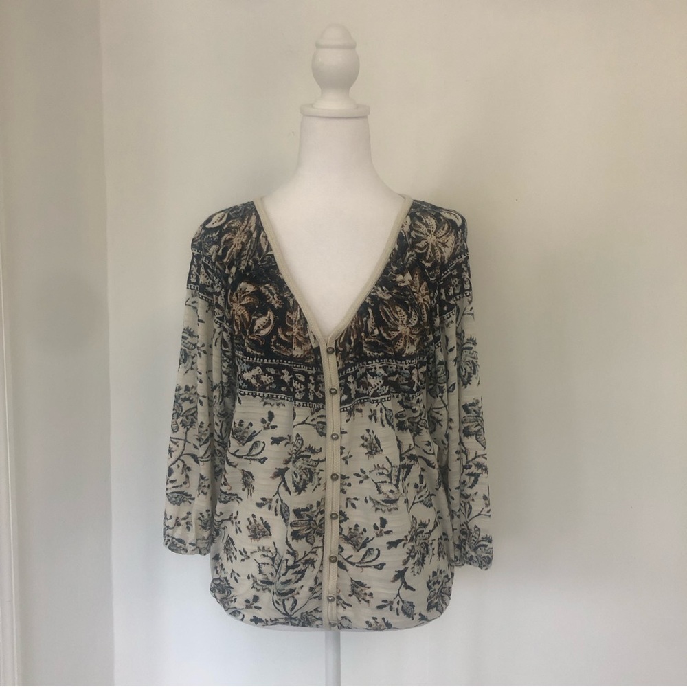 LUCKY BRAND Women Floral Print V-Neck 3/4 Sleeve Blouse Sz XS